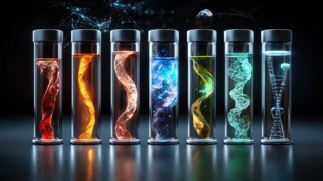 A row of glass vials with different colored liquids inside