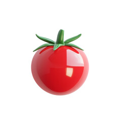 3D glossy red tomato with green stem on transparent background