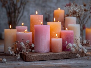 muted pastel candles arranged on wooden board flickering softly dried flowers beside warm golden glow cozy and delicate aesthetic