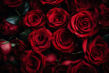 Obraz premium A close up of a bunch of red roses with black leaves. 