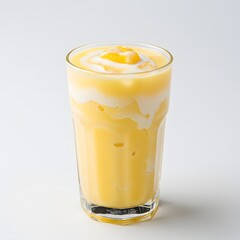 Refreshing Mango Smoothie in Glass on White Yellow Drink, Beverage, Iced, Creamy, Healthy, Delicious.