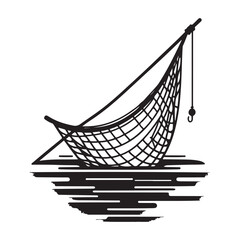 Silhouette Traditional Fishing Net Illustration on River Water Landscape