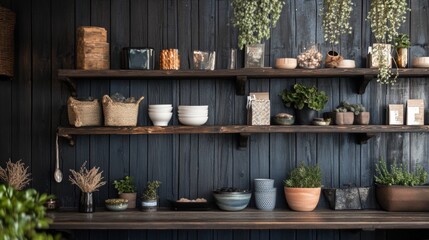 Modern wooden shelf with decorative pottery and plants