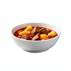 Bowl of beef stew with vegetables on white background