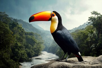 Obraz premium Colorful Toucan Bird on a Jungle Cliffside with Lush Green Canopy and River View