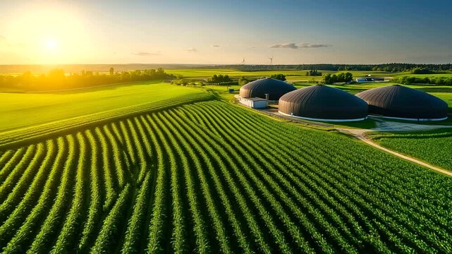 Sweeping aerial shot of an advanced biogas facility, large spherical digesters among cultivated fields, demonstrating sustainable rural energy solutions