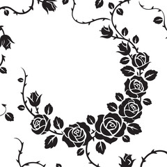 Elegant Vector Black silhouettes illustration of a circular rose garland with roses and thorns. with white background