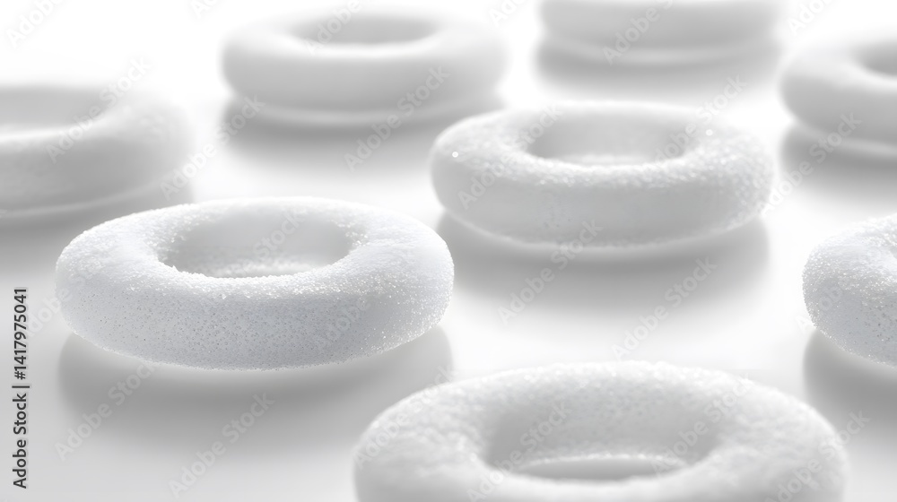 Poster close-up of several small, white, textured ring-shaped objects arranged on a white surface. the obje