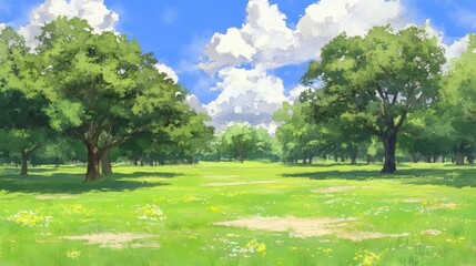 Fototapeta premium Serene meadow Sunlight dances on vibrant green grass lush trees under a blue sky