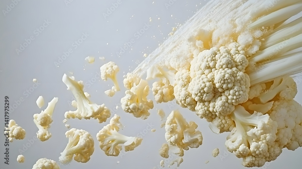 Poster a dynamic image of cauliflower florets exploding and flying in mid-air against a light grey backgrou
