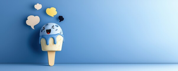 Fototapeta premium pm 2.5 particles impact concept. Ice cream cone with playful speech bubbles on a blue background.