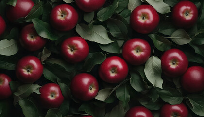 Fresh ripe red apples and green leaves as background, top view
