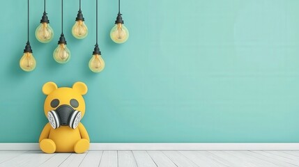 pm 2.5 particles impact concept. A bear figurine with a gas mask against a teal wall and hanging light bulbs.