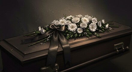 Elegant coffin adorned with white flowers and black ribbon  