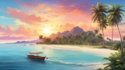Obraz premium A tranquil tropical scene featuring a small island with tall palm trees silhouetted against a vibrant sunset.