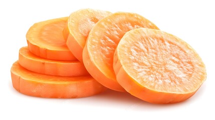 Close-up of fresh, vibrant orange carrot slices neatly stacked against a clean white background.  Perfect for healthy eating or cooking themes.