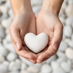 Fototapeta premium Heart-shaped stone in gentle hands peaceful setting image calm environment close-up love and care concept