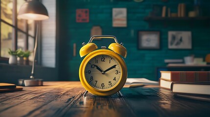 Naklejka premium Alarm clock and books on table in dark room. Time concept