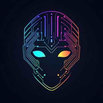 Neon Futuristic Alien Face with Circuit Board Patterns on Dark Backdrop