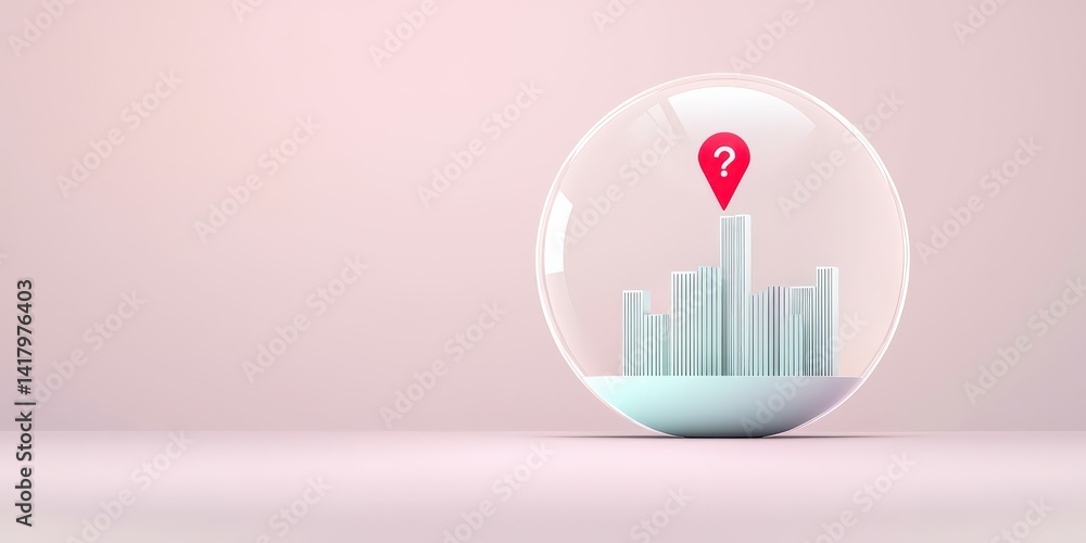 Poster pm 2.5 particles impact concept. city skyline inside a transparent bubble with a location marker.