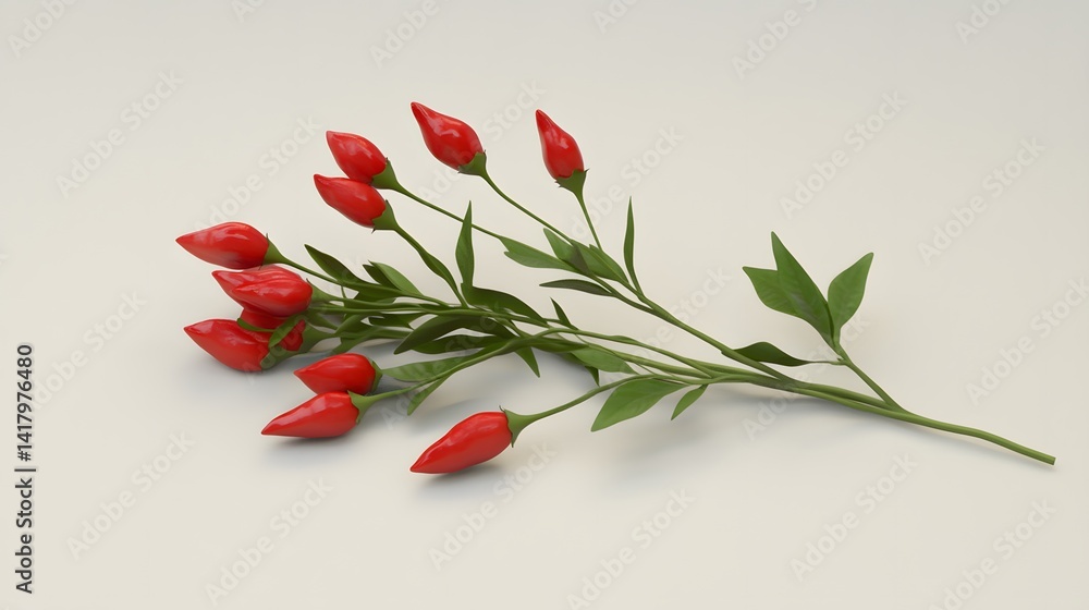 Poster a bunch of vibrant red chili peppers with green stems arranged on a light beige background. the chil