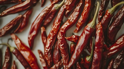 A close-up shot of a pile of dried red chili peppers. The rich, deep red color and wrinkled texture of the peppers are highlighted, showcasing their intense spiciness.