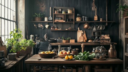 Rustic kitchen interior with wooden shelves and herbs