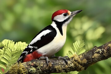 Naklejka premium Great Spotted Woodpecker Bird Perched Mossy Branch with Red Head and Green Backdrop