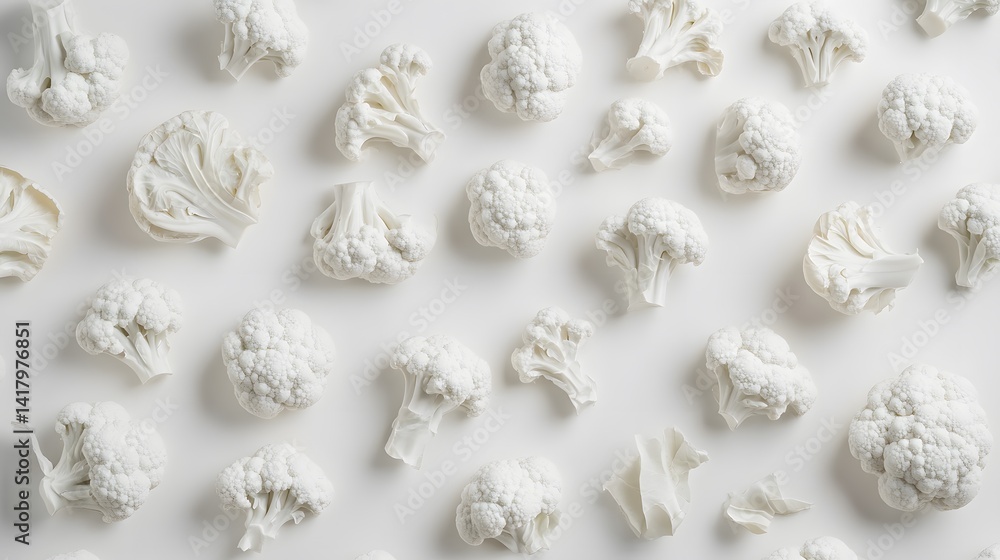 Poster overhead shot of numerous cauliflower florets arranged on a white background, creating a visually ap