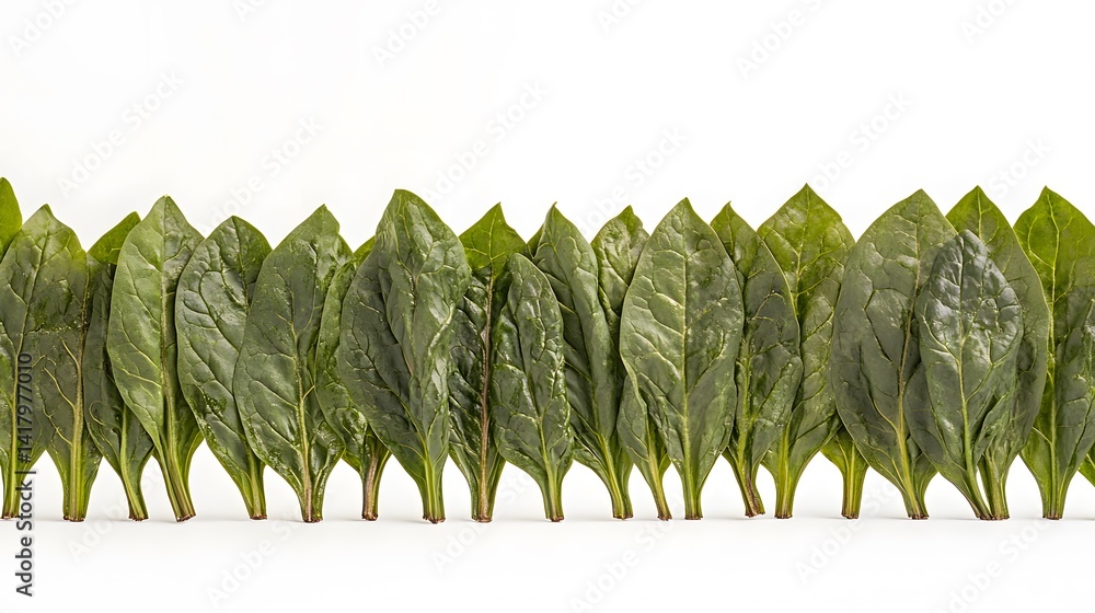 Aufkleber a row of fresh spinach leaves arranged in a neat pattern against a white background. perfect for hea