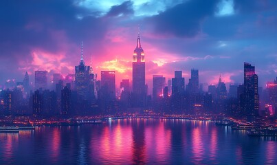 Obraz premium Pink and Purple City Skyline at Sunset