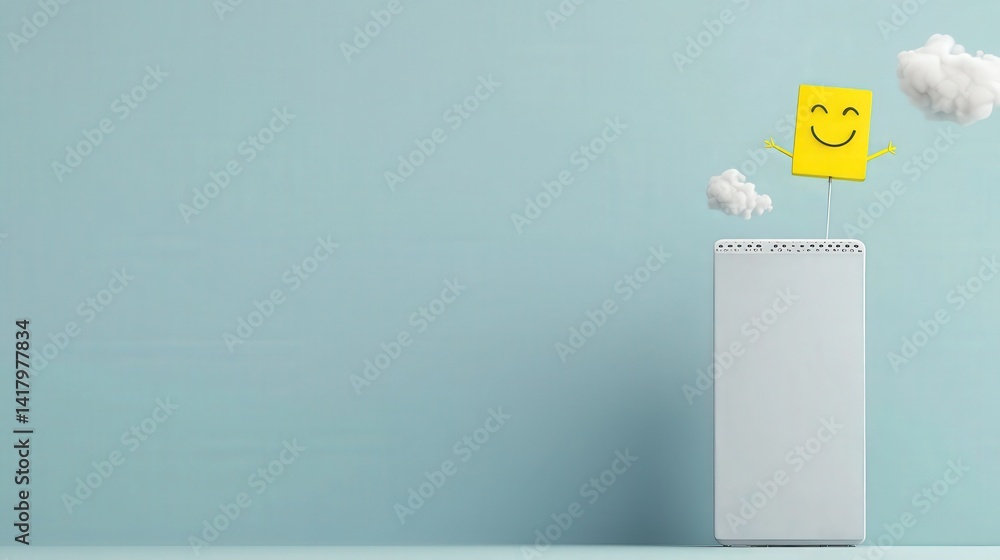 Poster pm 2.5 particles impact concept. cheerful sticky note with a smiley face on a device against a blue 