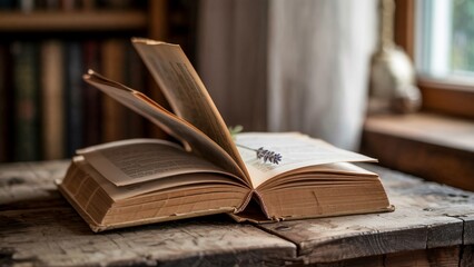 Obraz premium A serene photograph of an open vintage hardcover book with a sprig of lavender placed delicately between the pages.