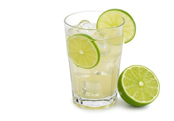 A glass of lime juice with ice cubes and lime slices, garnished with a whole lime beside it isolated on white background