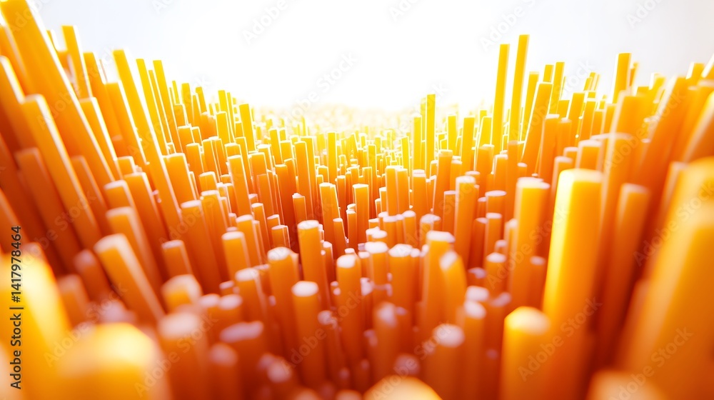 Poster abstract 3d render of a field of bright orange cylinders, varying in height, creating a dynamic and 