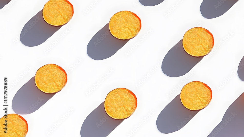 Poster flatlay of sliced sweet potatoes arranged in a repeating pattern on a white background. bright, vibr