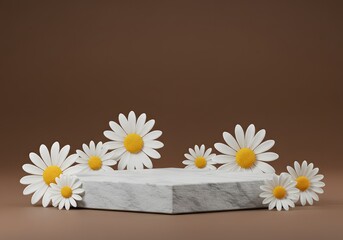 Elegant Daisy Display with Marble Podium on Brown Background - Product Presentation.