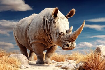 Obraz premium Majestic Rhino Standing Tall on Grassy Plains Under a Partly Cloudy Sky, Detailed Texture