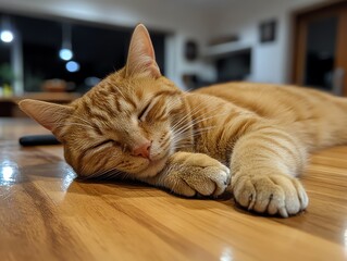 A ginger cat naps peacefully on a warm wooden table at night Its paws are tucked in, eyes closed, and fur soft. Perfect for pet, animal, or home decor projects.