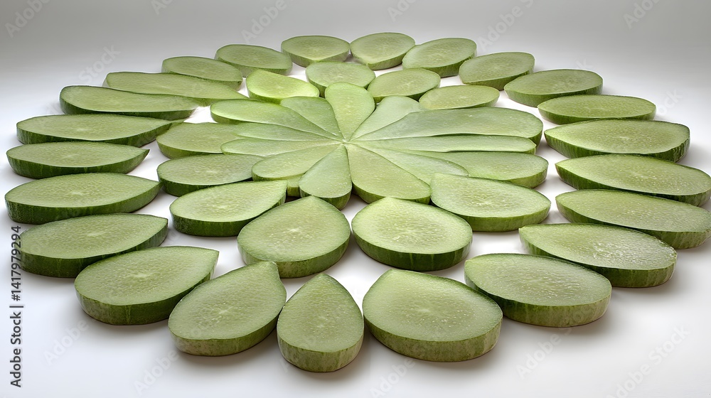 Poster a circular arrangement of fresh, green vegetable slices, meticulously placed to resemble a flower. t
