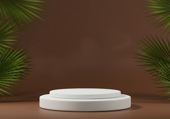 3D Render Product Display with White Podium, Palm Leaves and Brown Background - Stage, Showcase