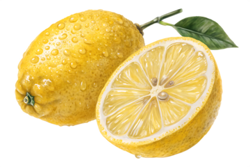 Watercolor illustration of two lemons with water droplets, half lemon detailed PNG