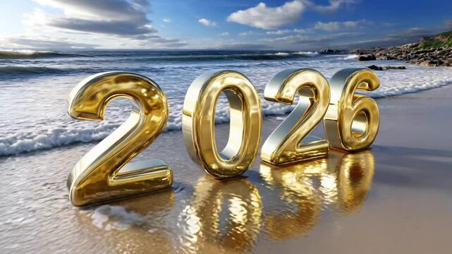 Large golden numbers spelling out 2026 are placed on the sandy shoreline. Gentle waves roll in as the sun shines bright, creating a vibrant atmosphere. This lively beach setting marks the new year