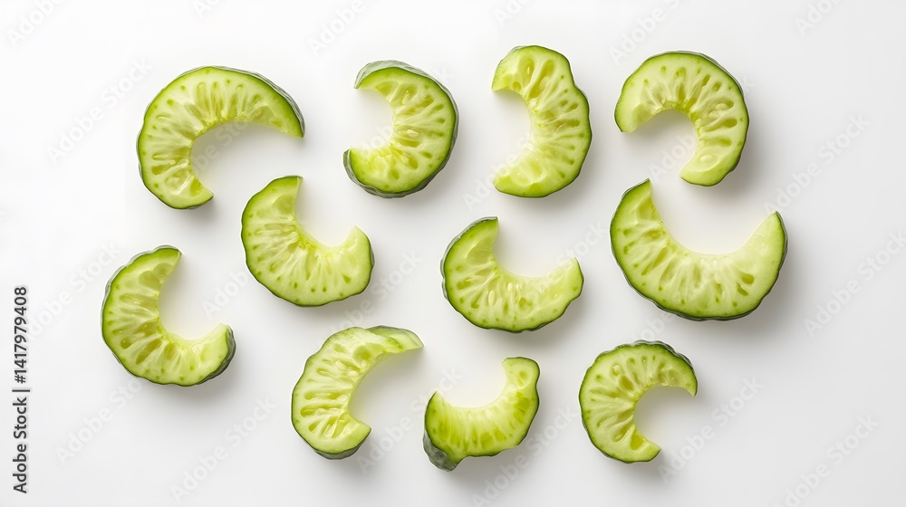 Poster a high-angle, close-up shot of twelve crescent-shaped cucumber slices arranged on a white background