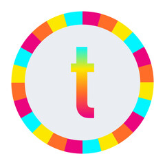 Rainbow Gradient lowercase Letter t on Dark Background with Multicolor Circle Frame