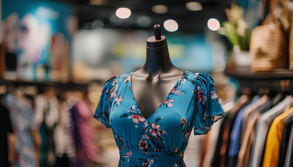 Obraz premium Female mannequin with stylish blue dress and other clothes indoors