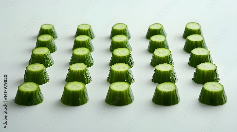 Poster neatly arranged rows of uniformly sliced cucumber rounds on a white background. a minimalist and vis