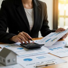 Focused businesswoman close-up working accounting calculating expenses income analyzing real estate investment data financial systems professional background