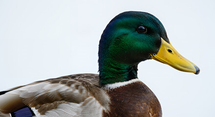 Obraz premium Close up Profile of a Male Mallard Duck with Vibrant Green Head and Yellow Bill