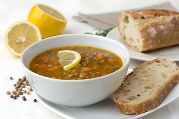 A bowl of lentil soup with lemon slice and bread piece, simple styling on white surface